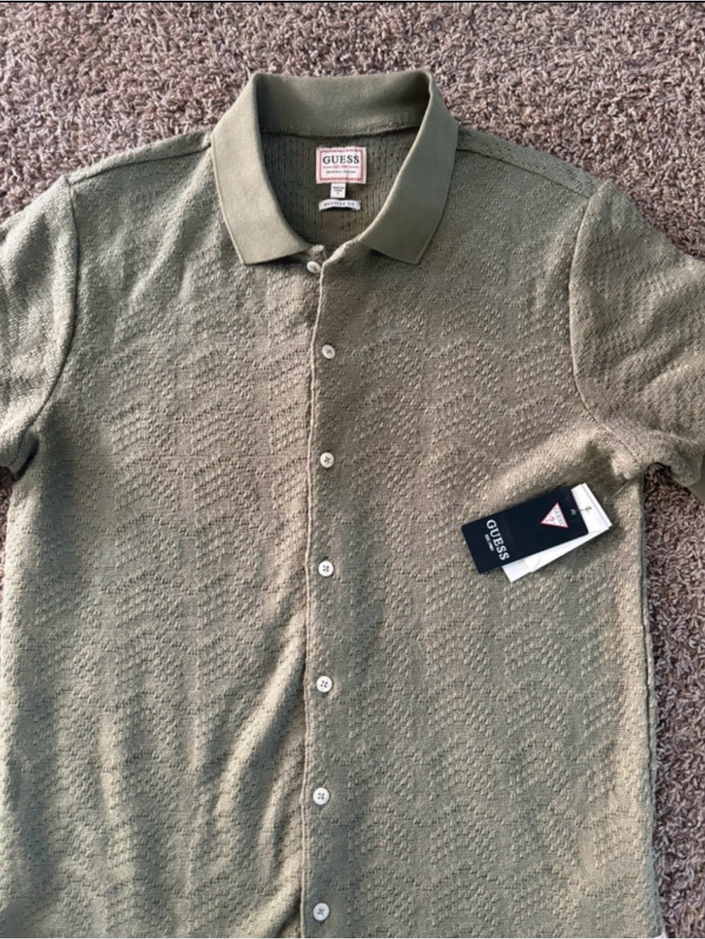 GUESS Olive Green Button-Down Knit Polo Shirt